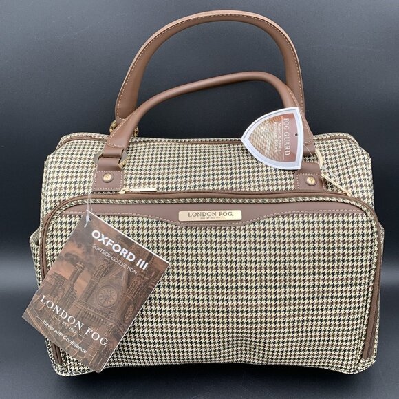 London Fog Handbags - London Fog Oxford III Olive Houndstooth Carry On Duffel Bag Leather Trim 16"